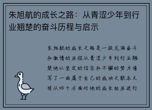 朱旭航的成长之路：从青涩少年到行业翘楚的奋斗历程与启示